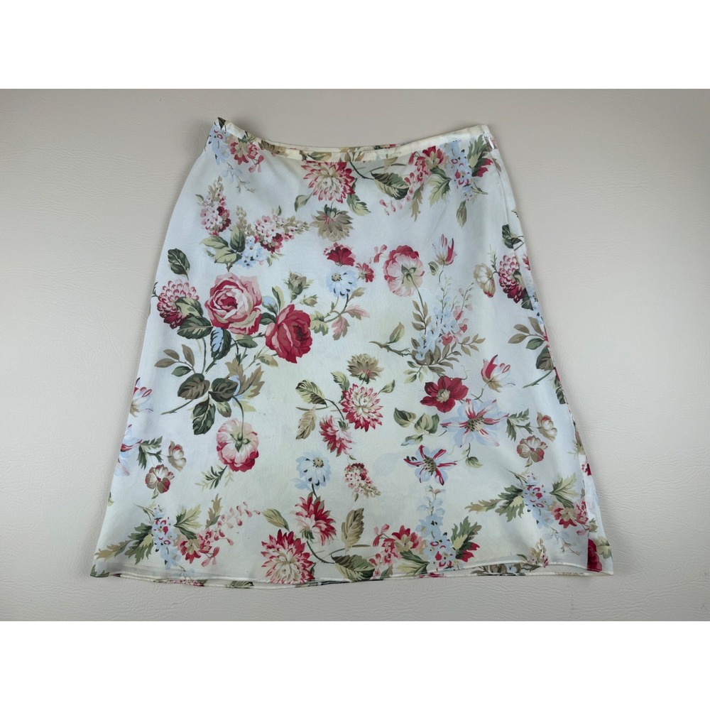 Ann Taylor Floral Midi Skirt, cream with Red & Green Flowers